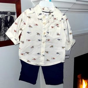 Carter's Toddler Boys Fishing Collared Button-Up Shirt with navy pull on pants
